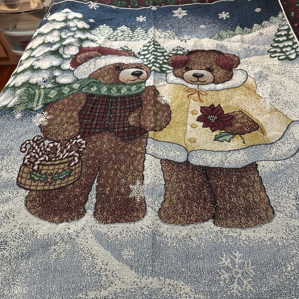 Christmas Teddy Bears Blanket Throw Fringe 58x26”‎